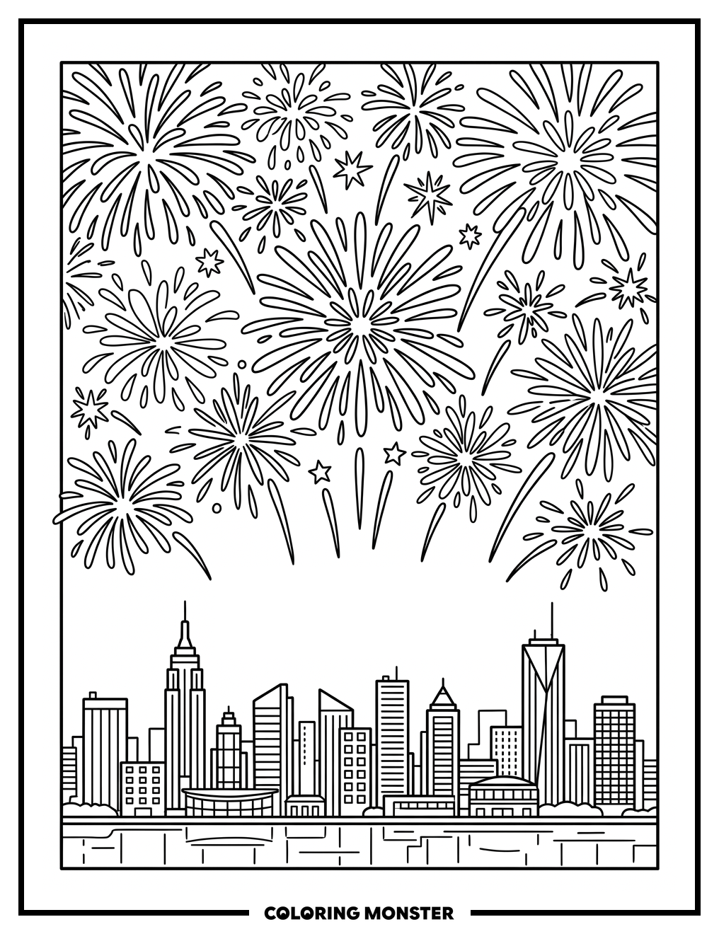 Fireworks Over City Skyline Coloring Page