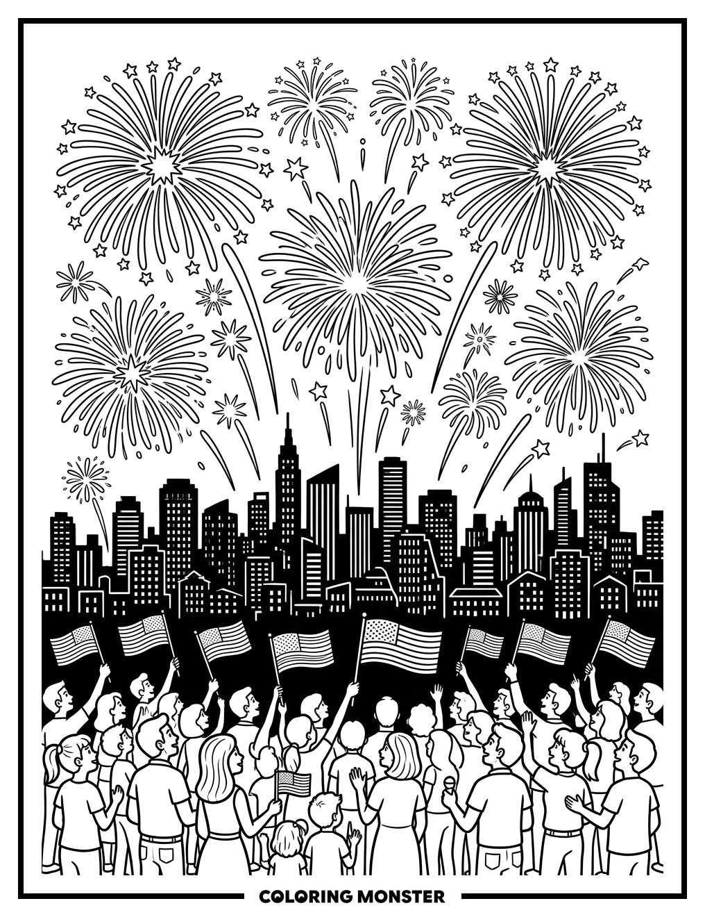 Fireworks Over City Skyline Coloring Page