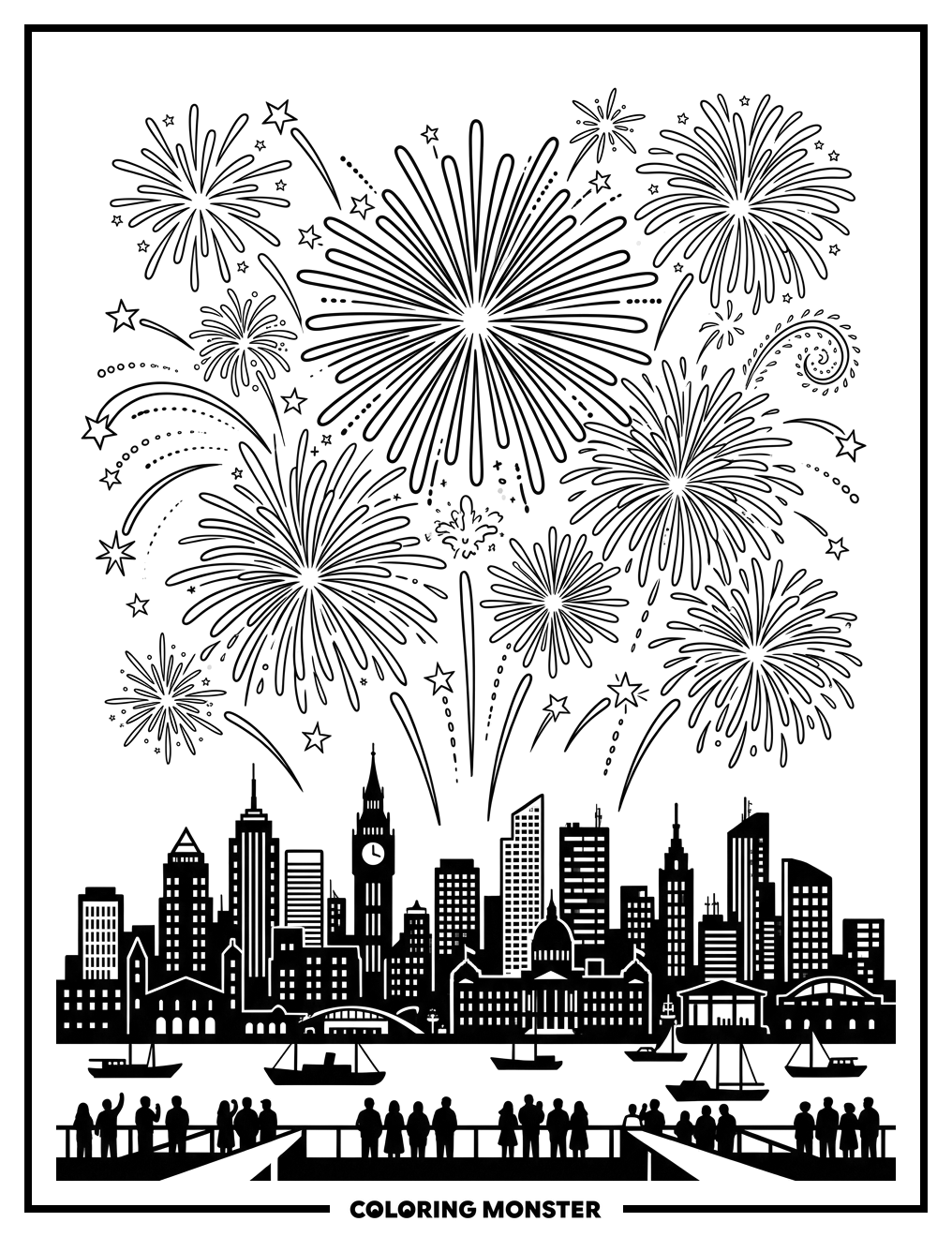 Fireworks Over City Skyline Coloring Page