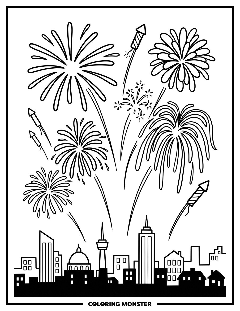 Fireworks Over City Skyline Coloring Page