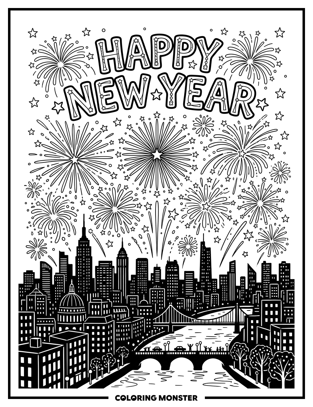 Fireworks Over City Skyline New Year Coloring Page