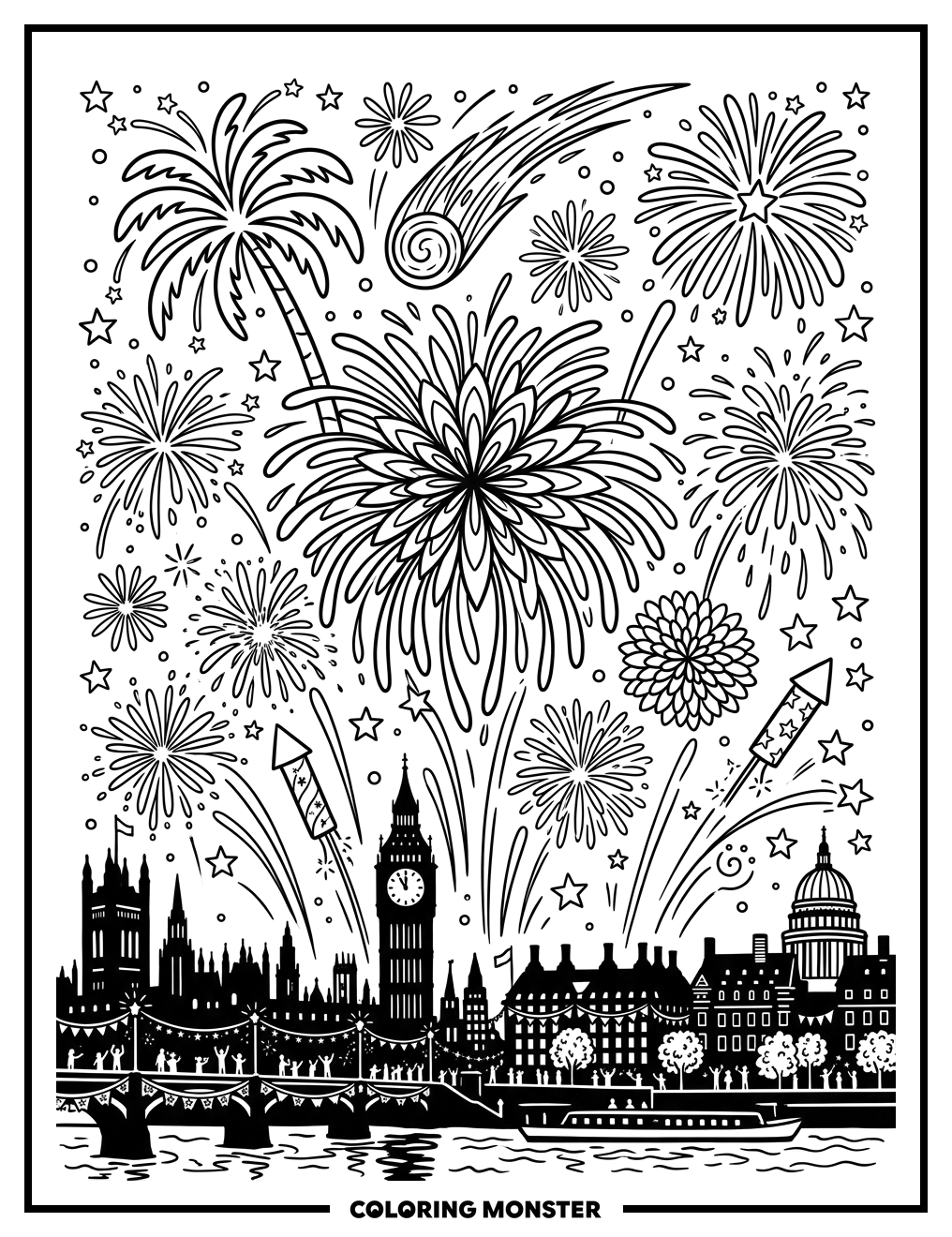 Fireworks Over Cityscape Coloring Page