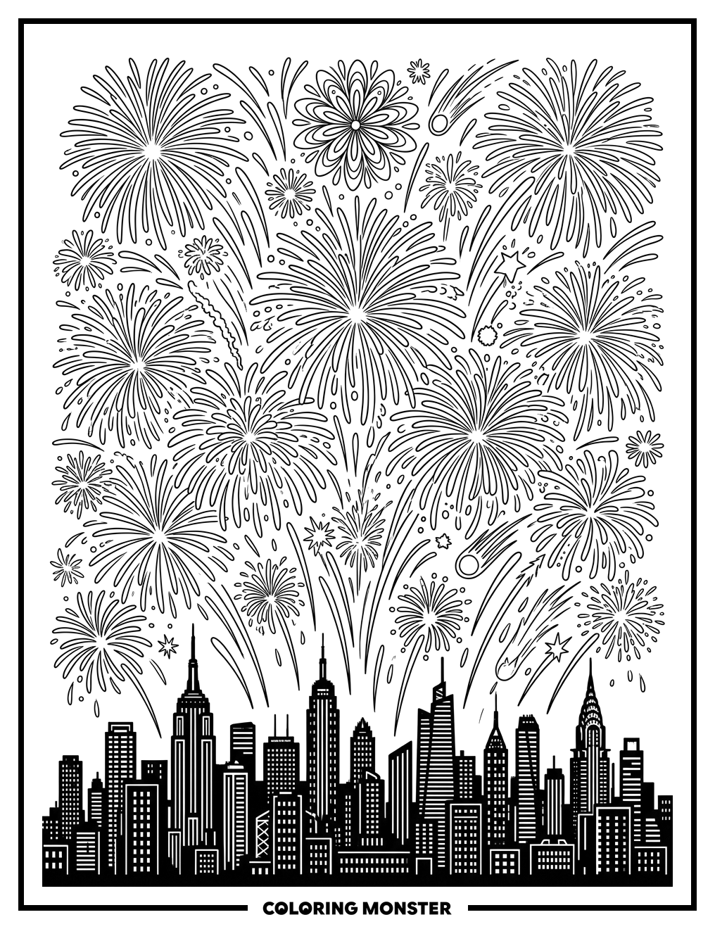 Fireworks Over Cityscape Coloring Page