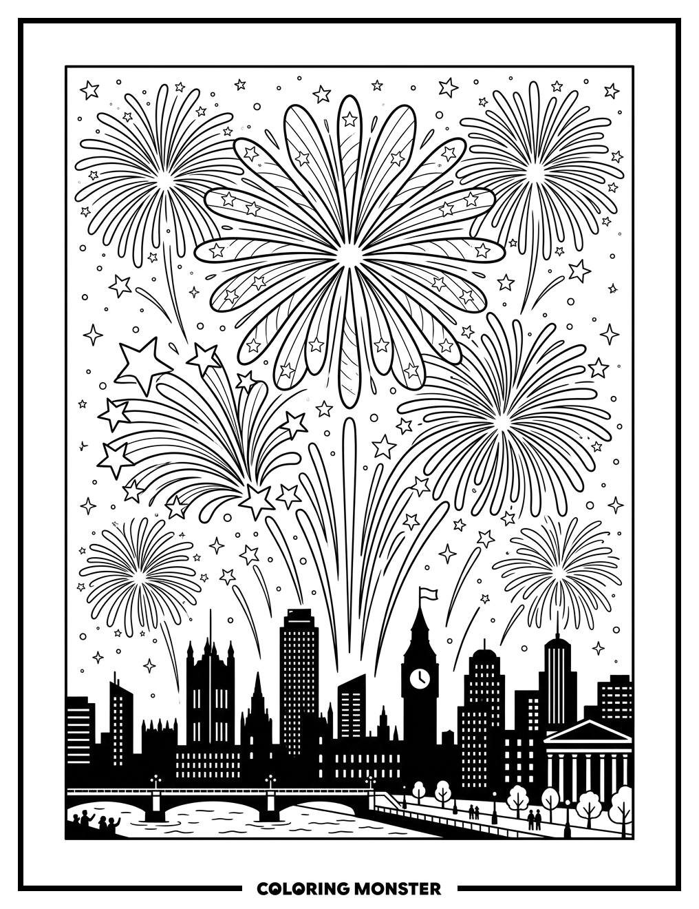 Fireworks Over Cityscape Coloring Page