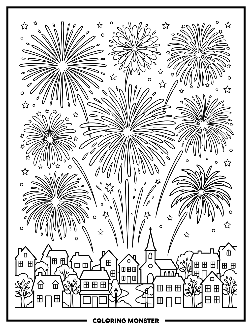 Fireworks Over Small Town Night Sky Coloring Page
