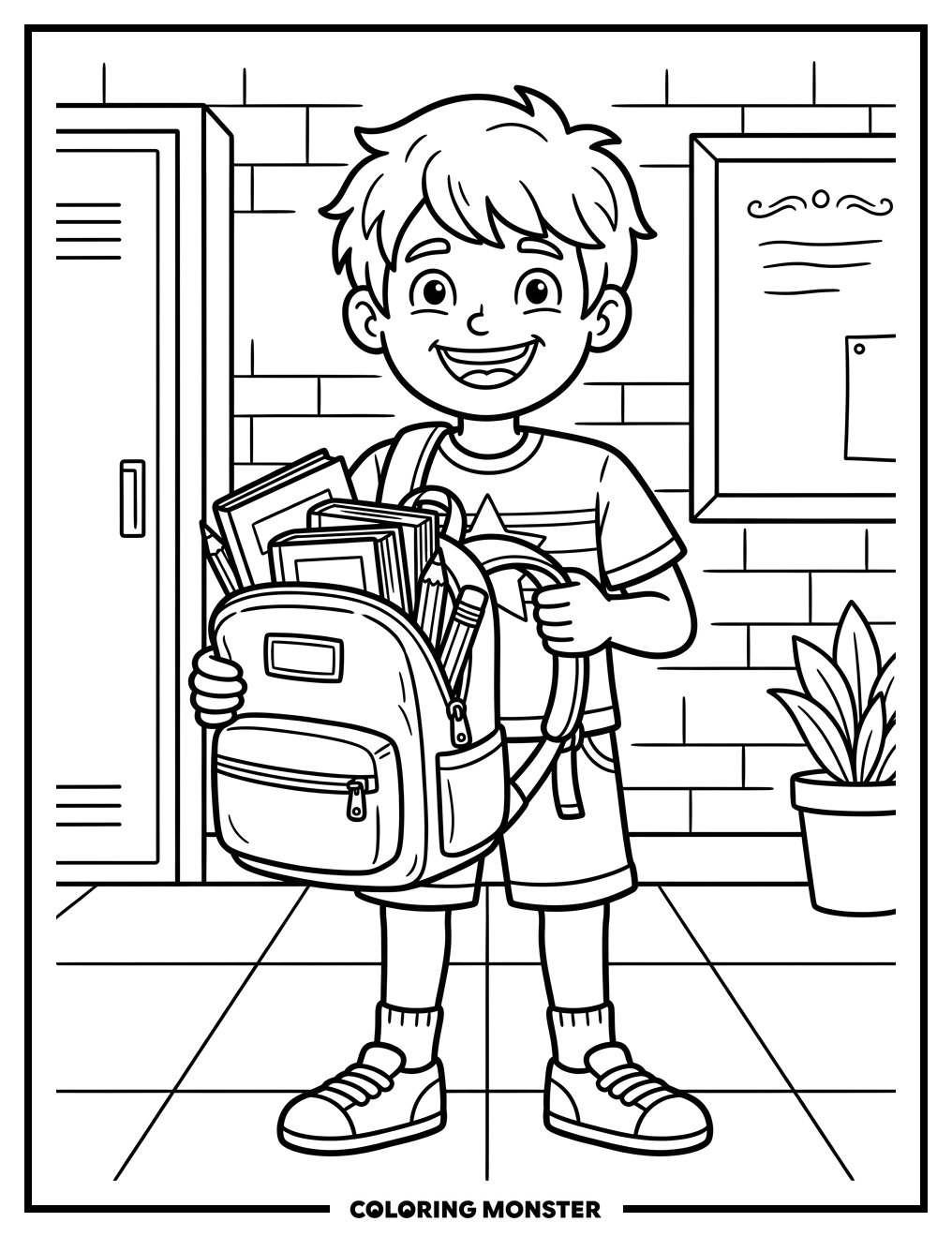 First Day Of School Student With Backpack Coloring Page