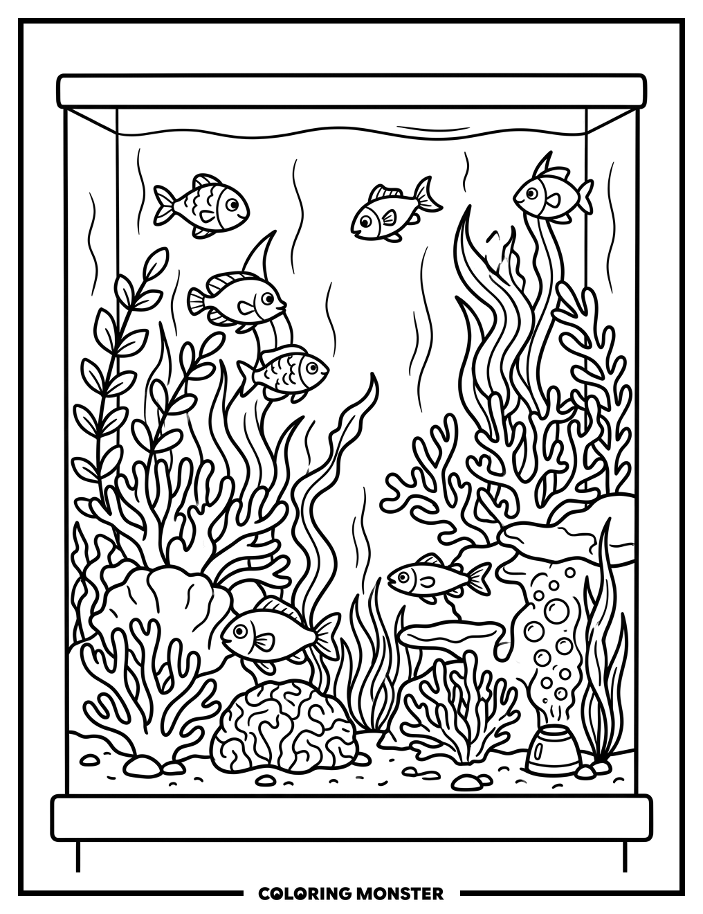Fish Tank With Coral And Seaweed Coloring Page