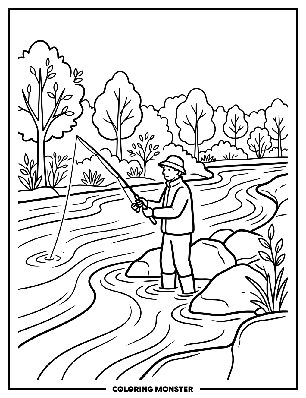 Fisherman By The River Coloring Page
