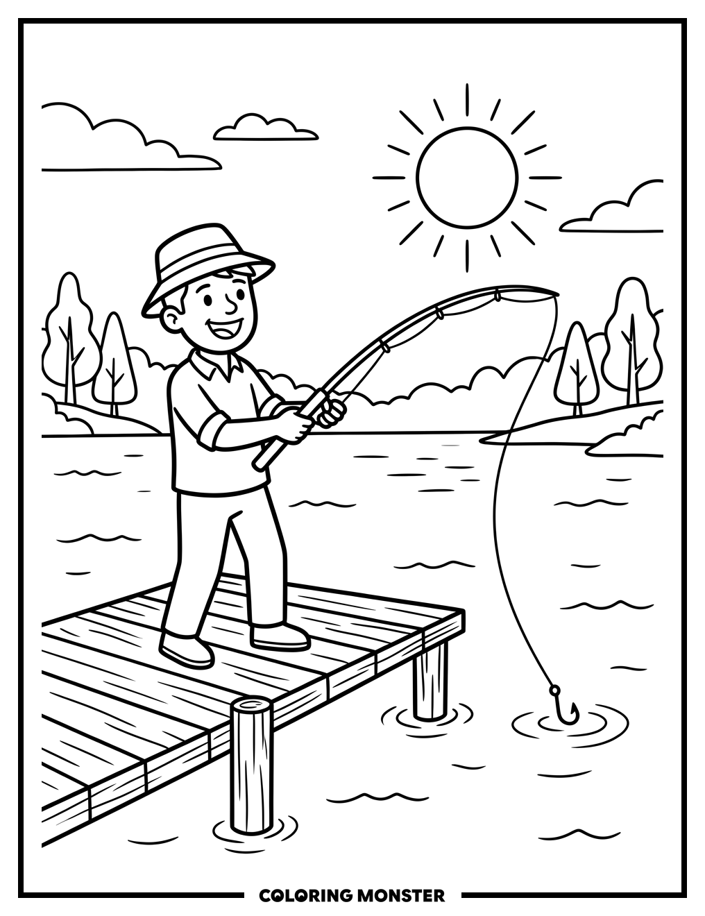 Fisherman Casting Line on Lake Coloring Page