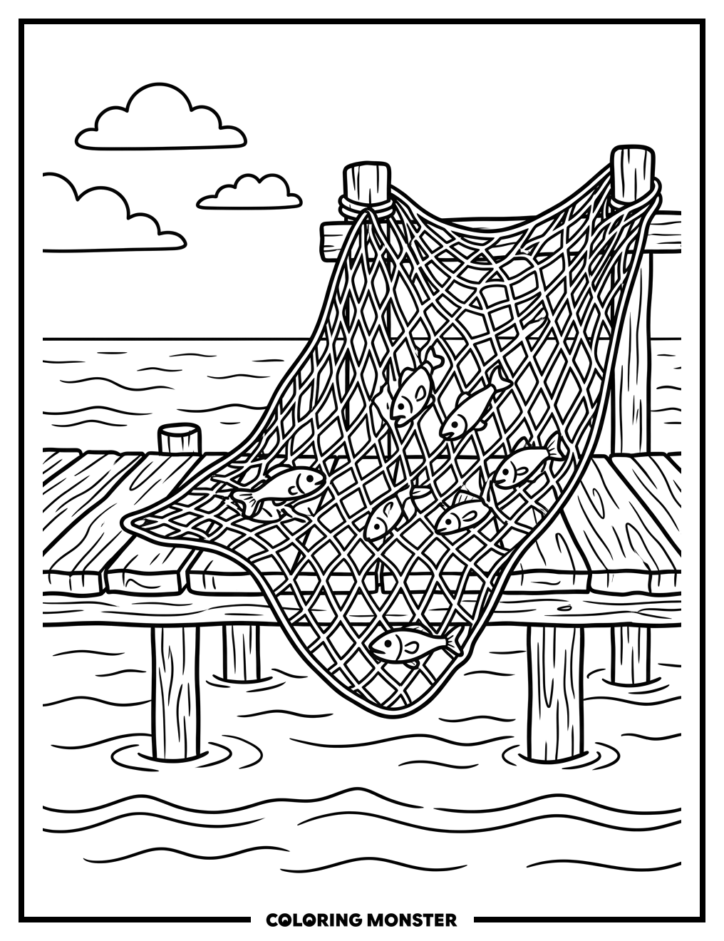 Fishing Net on Pier Coloring Page