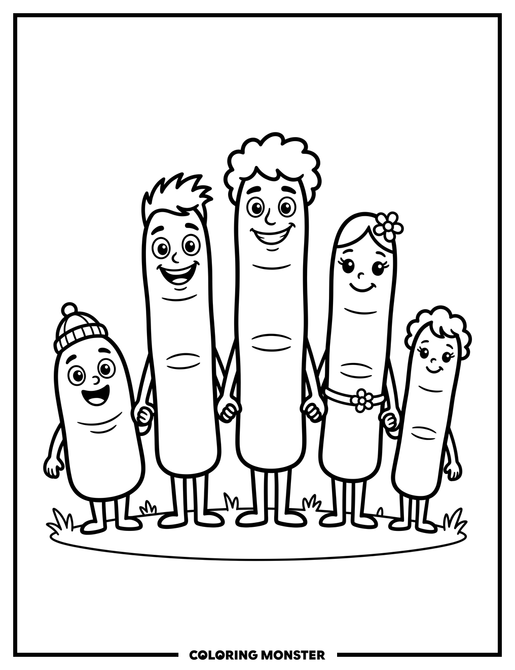 Five Cartoon Fingers Holding Hands Coloring Page