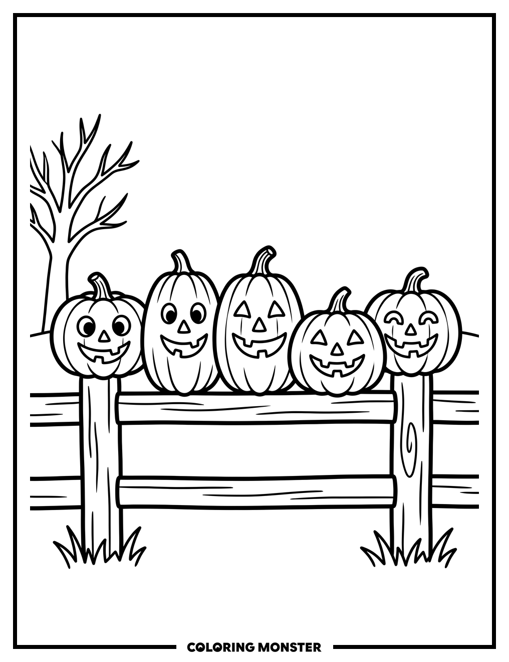 Five Smiling Pumpkins on Fence Coloring Page