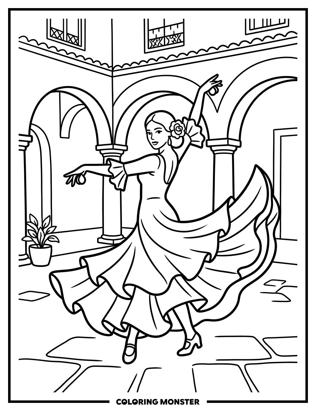 Flamenco Dancer Twirling Coloring Page