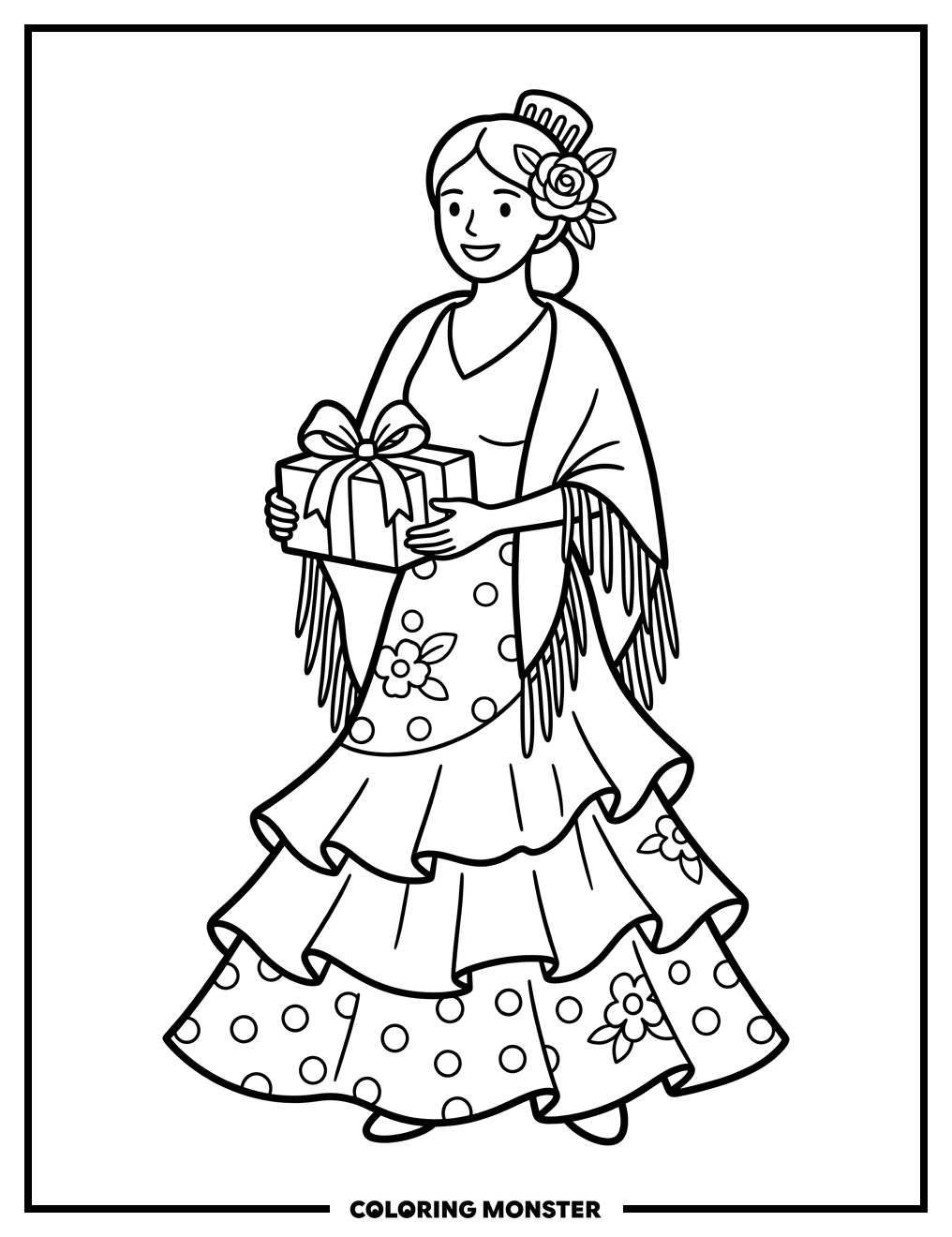 Flamenco Dancer With Gift Coloring Page