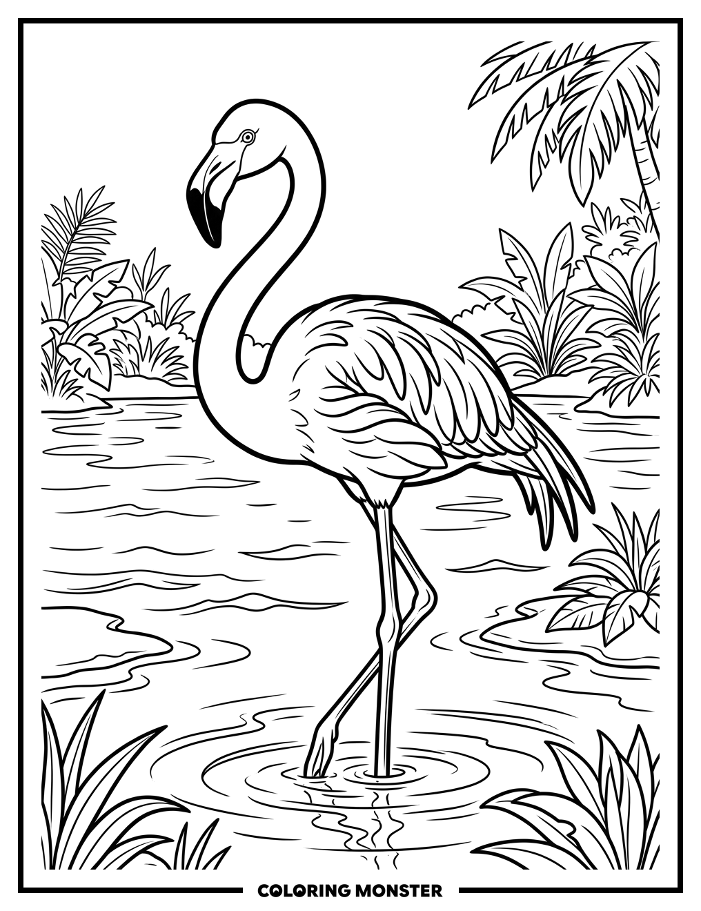 Flamingo in Tropical Water Coloring Page