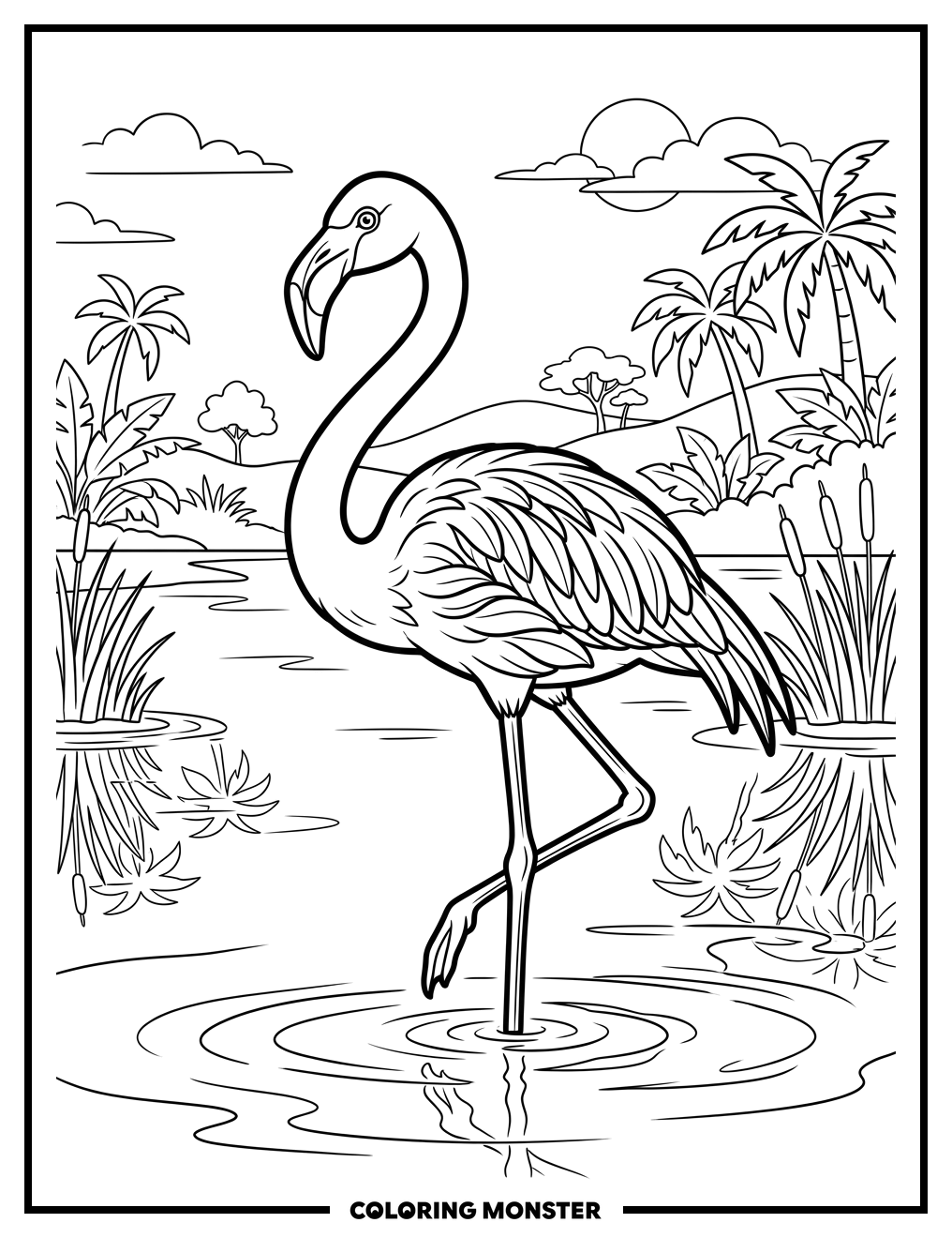 Flamingo Standing In Shallow Water Coloring Page