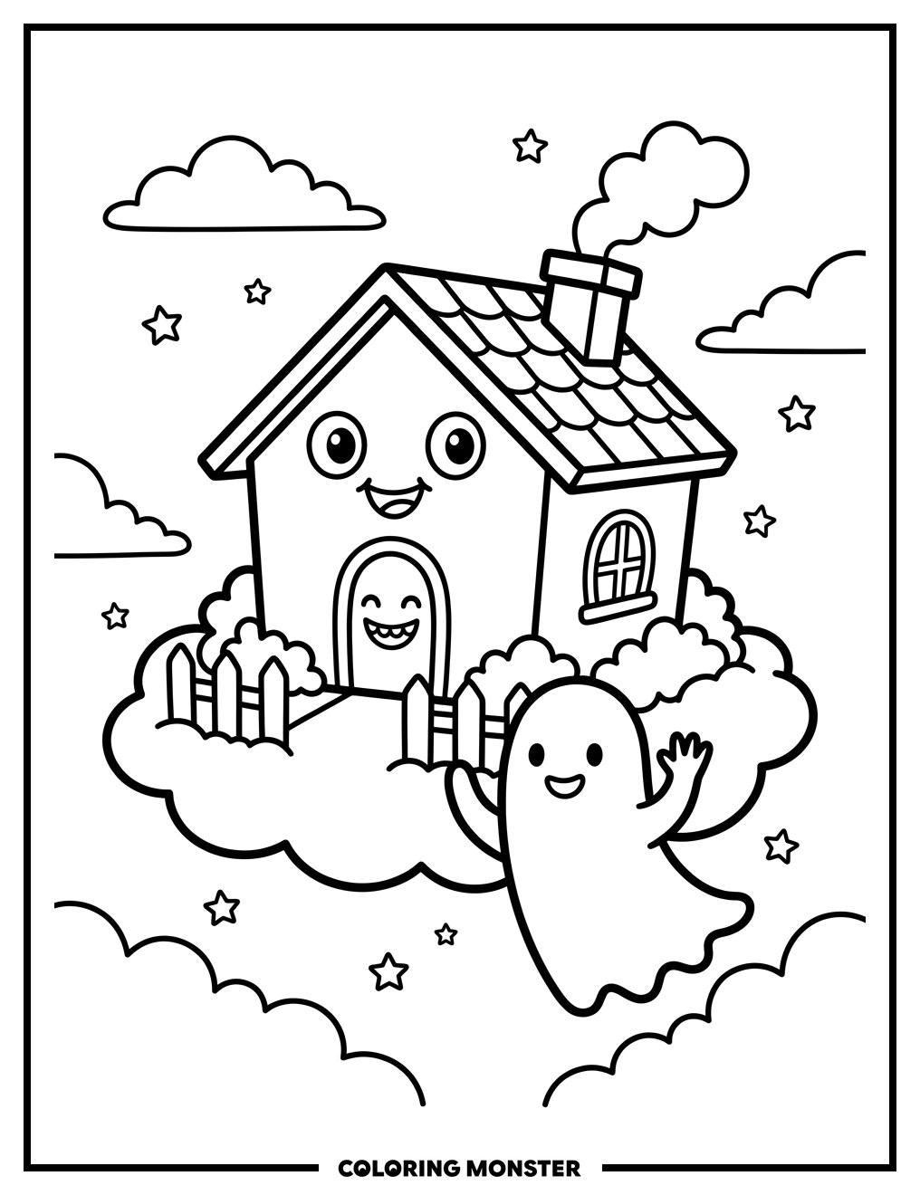 Floating House and Ghost Coloring Page