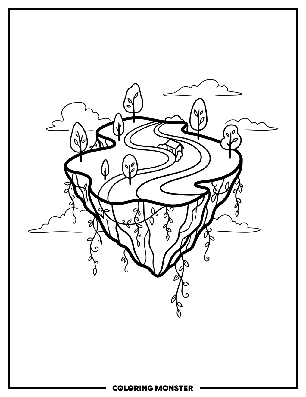 Floating Island in Space Coloring Page