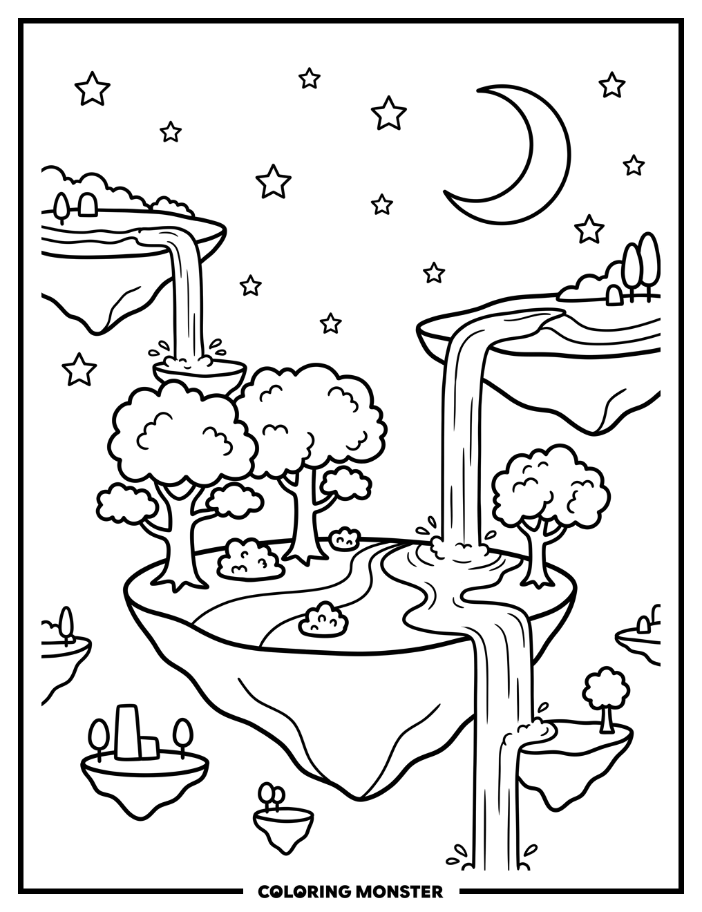 Floating Islands Under a Starry Sky Coloring Page