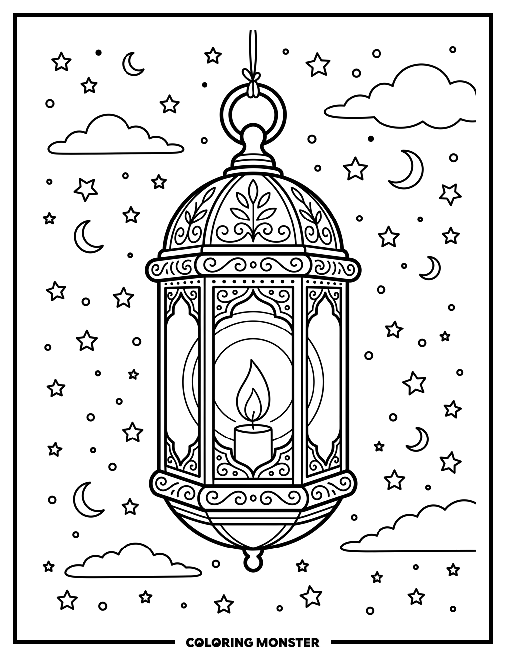 Floating Lantern Under Starry Night Coloring Page