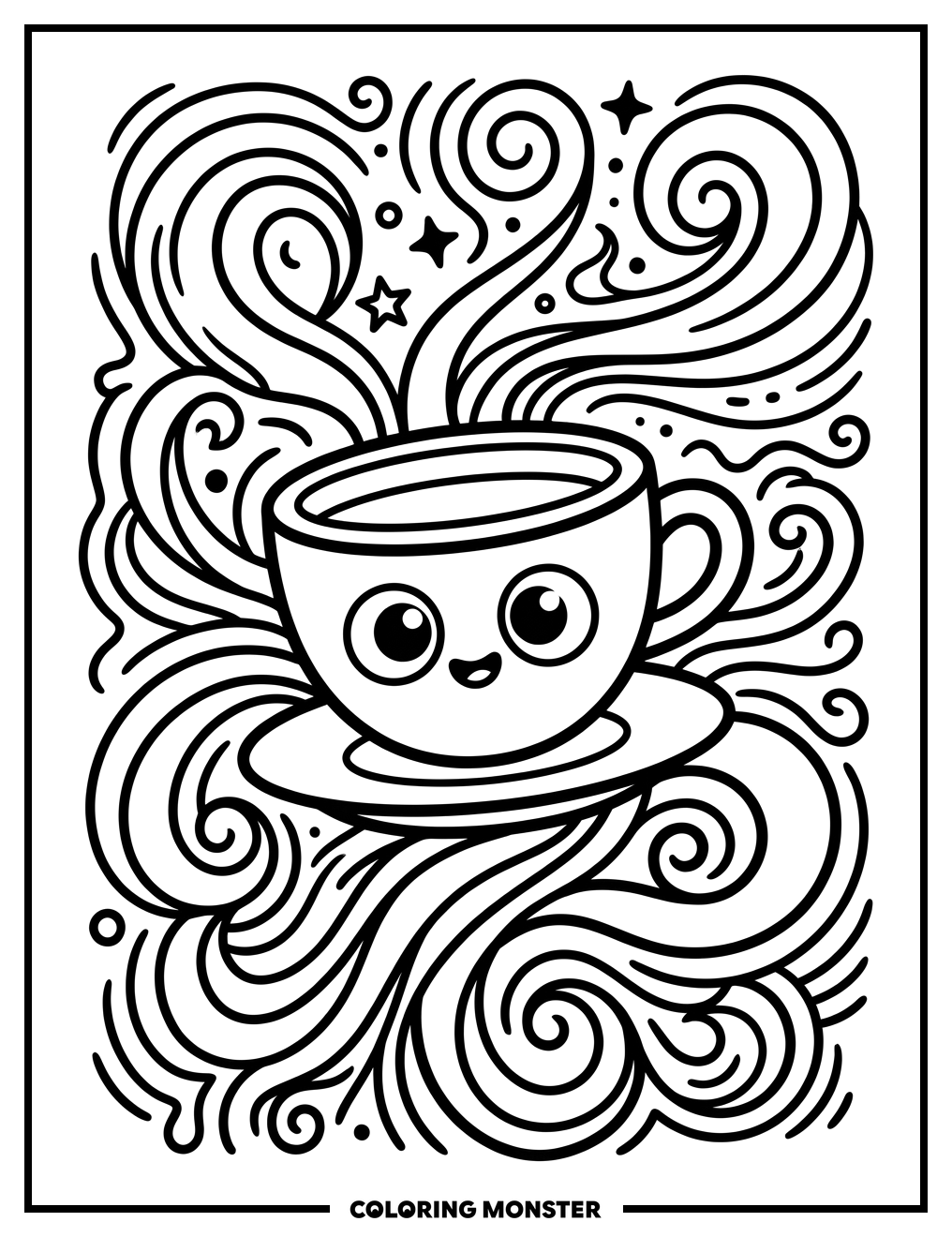 Floating Teacup with Curious Eyes Coloring Page