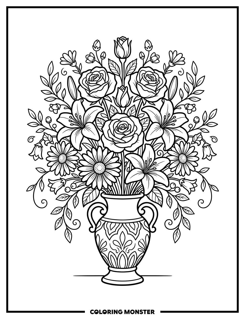 Floral Bouquet In A Vase Coloring Page