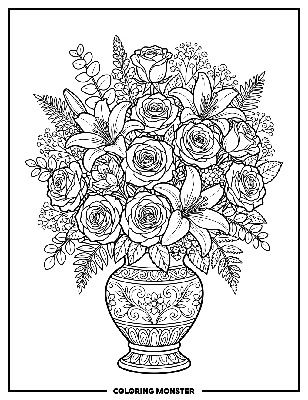 Floral Bouquet in Decorative Vase Coloring Page