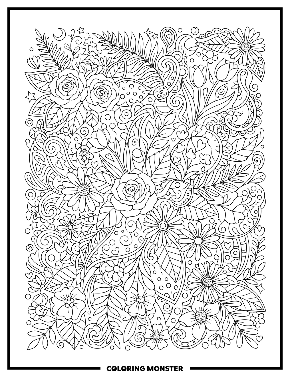 Floral Collage With Abstract Shapes Coloring Page