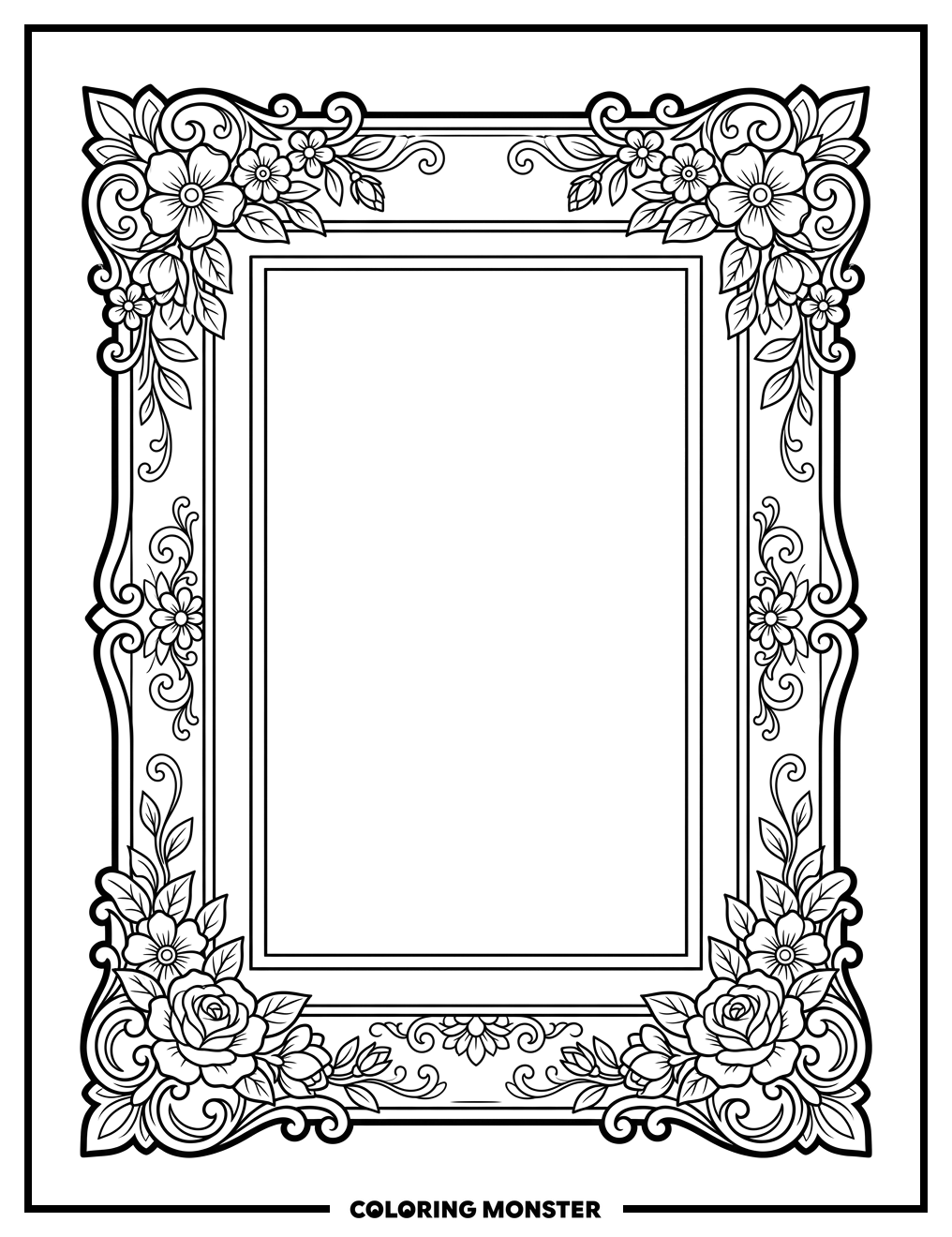 Floral Corner Photo Frame Coloring Page