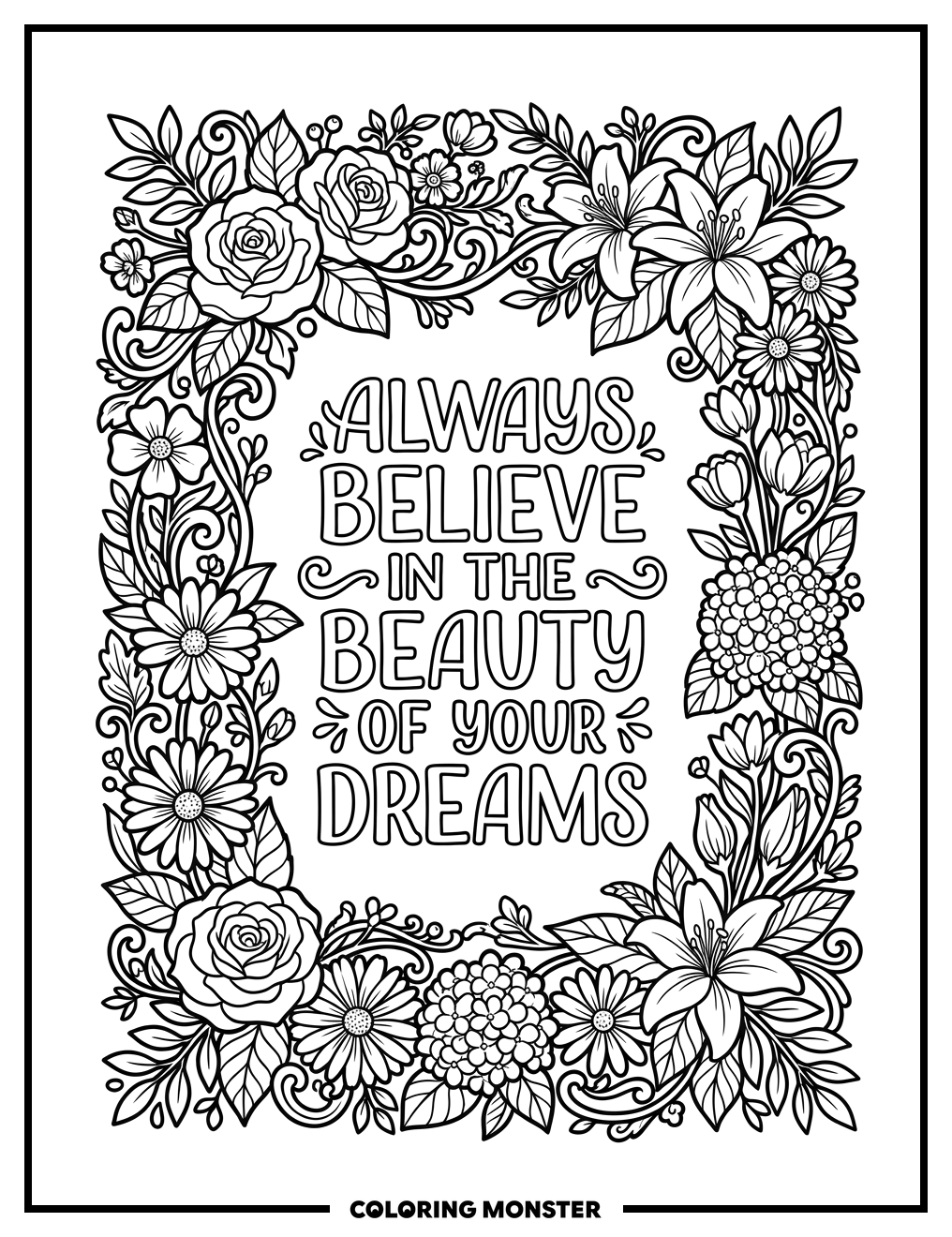 Floral Frame With Inspiring Quote Coloring Page