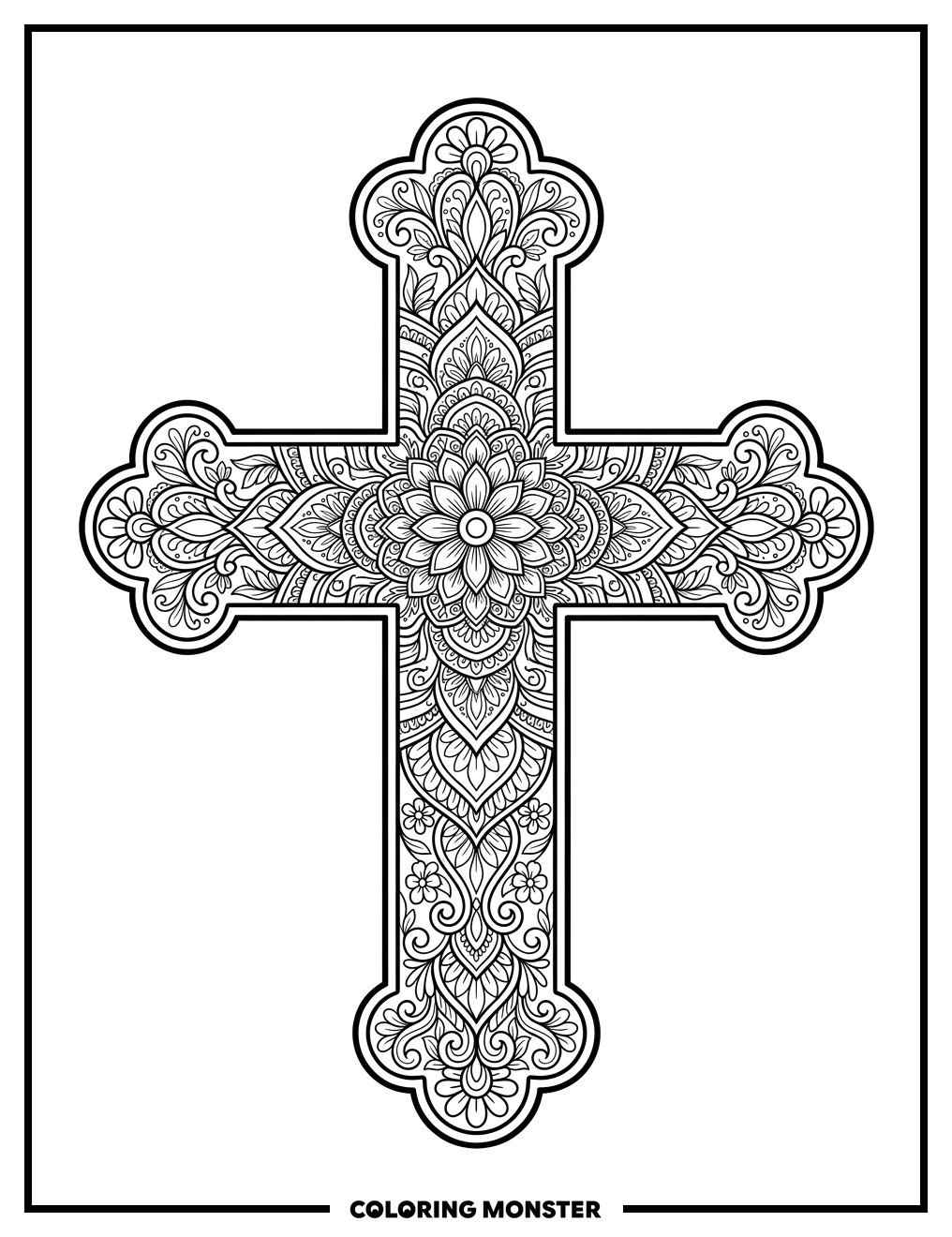 Floral Mandala Christian Cross Coloring Page