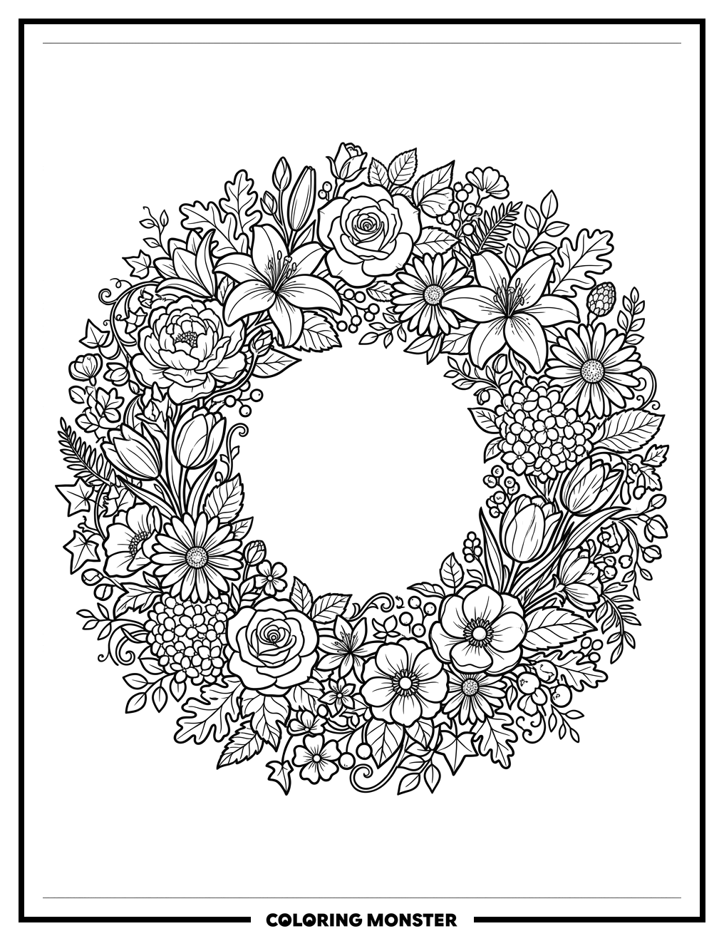 Floral Wreath With Intertwined Vines Coloring Page
