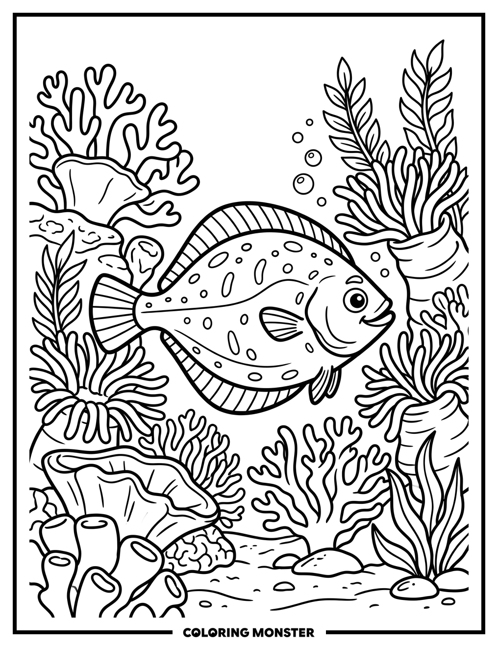 Flounder Fish in Coral Reef Coloring Page