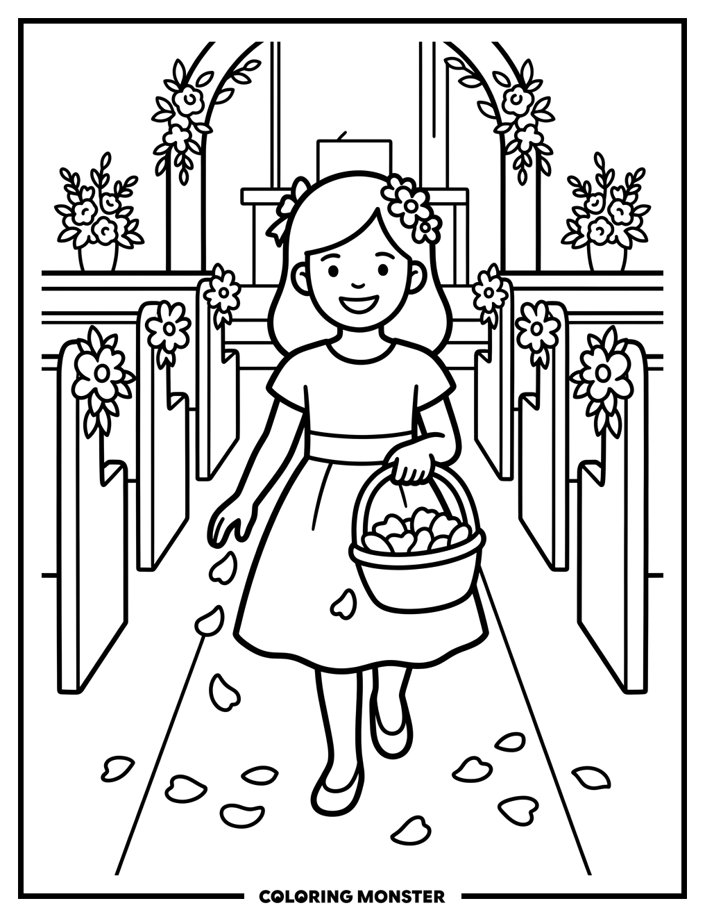 Flower Girl with Petals Coloring Page