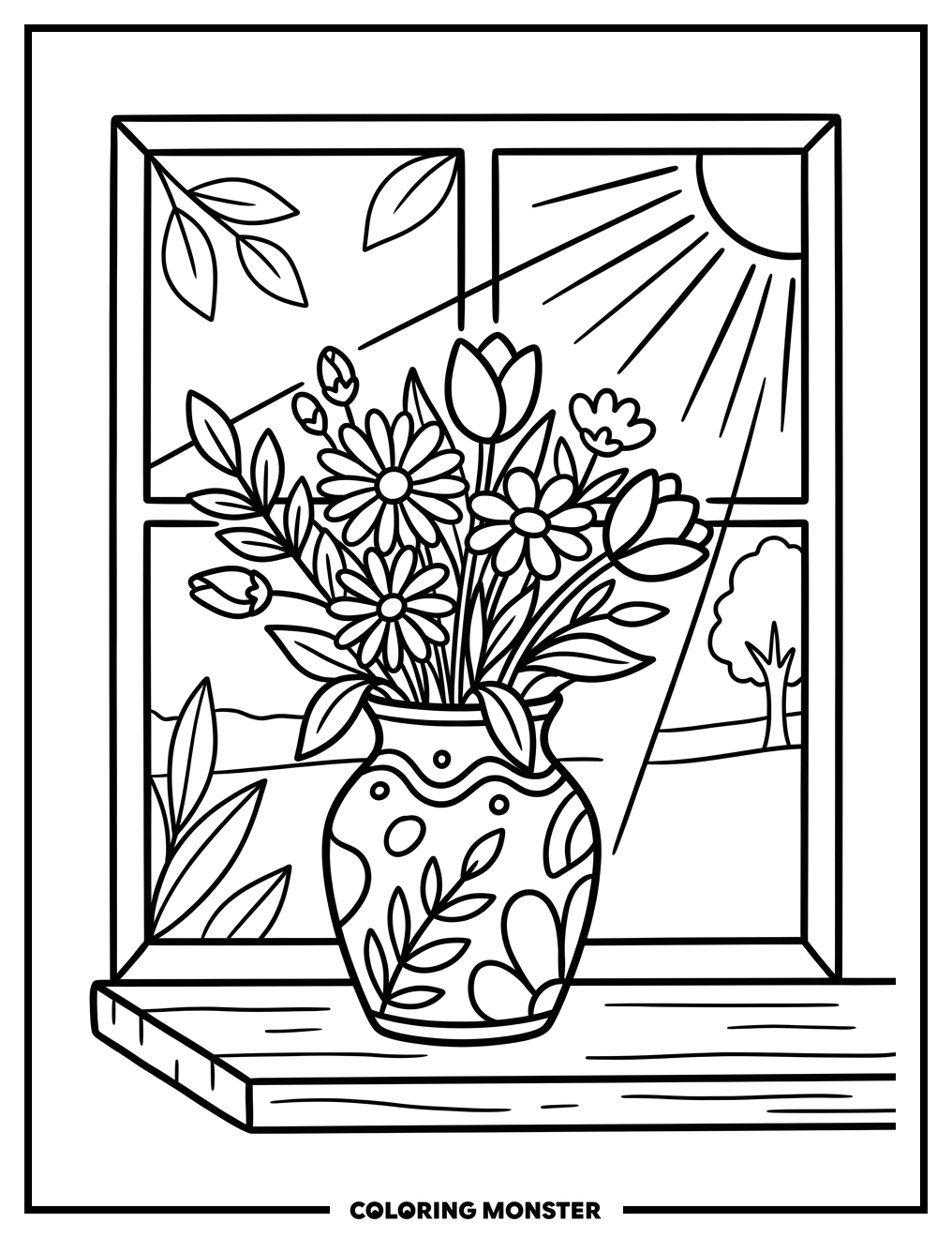 Flowers in a Vase on a Windowsill Coloring Page