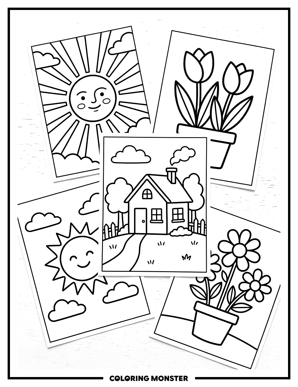 Flowers, Sun, and House Scene Coloring Page