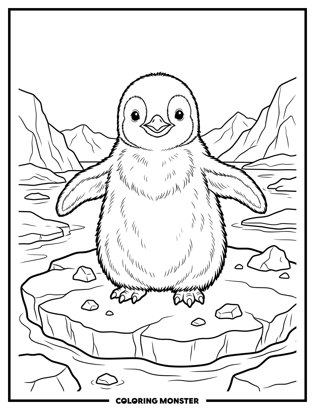 Fluffy Baby Penguin on Ice Floe Coloring Page