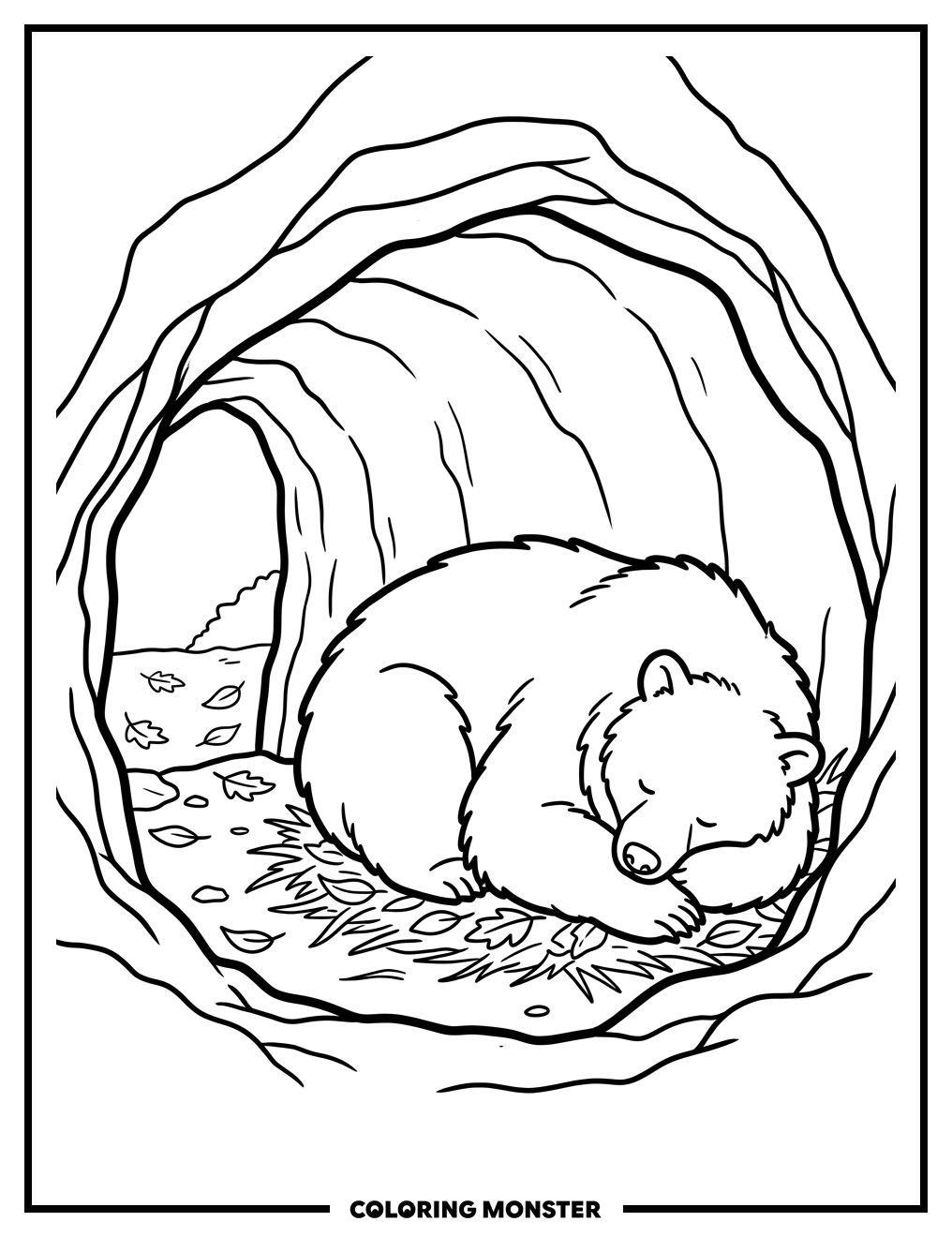 Fluffy Bear Asleep in Cozy Den Coloring Page