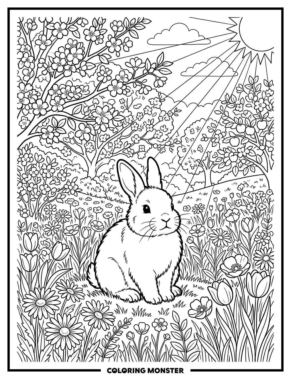 Fluffy Bunny Among Spring Flowers Coloring Page