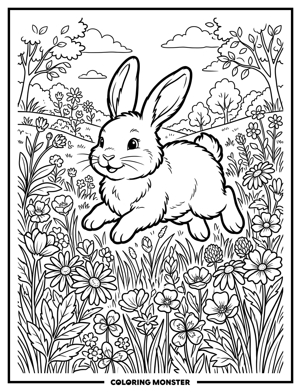 Fluffy Bunny Hopping in Wildflower Meadow Coloring Page
