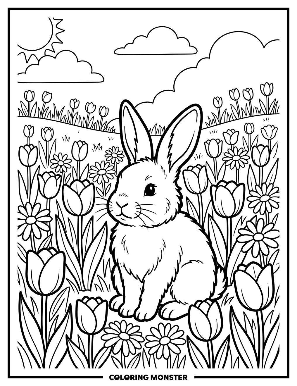 Fluffy Bunny in a Spring Meadow Coloring Page