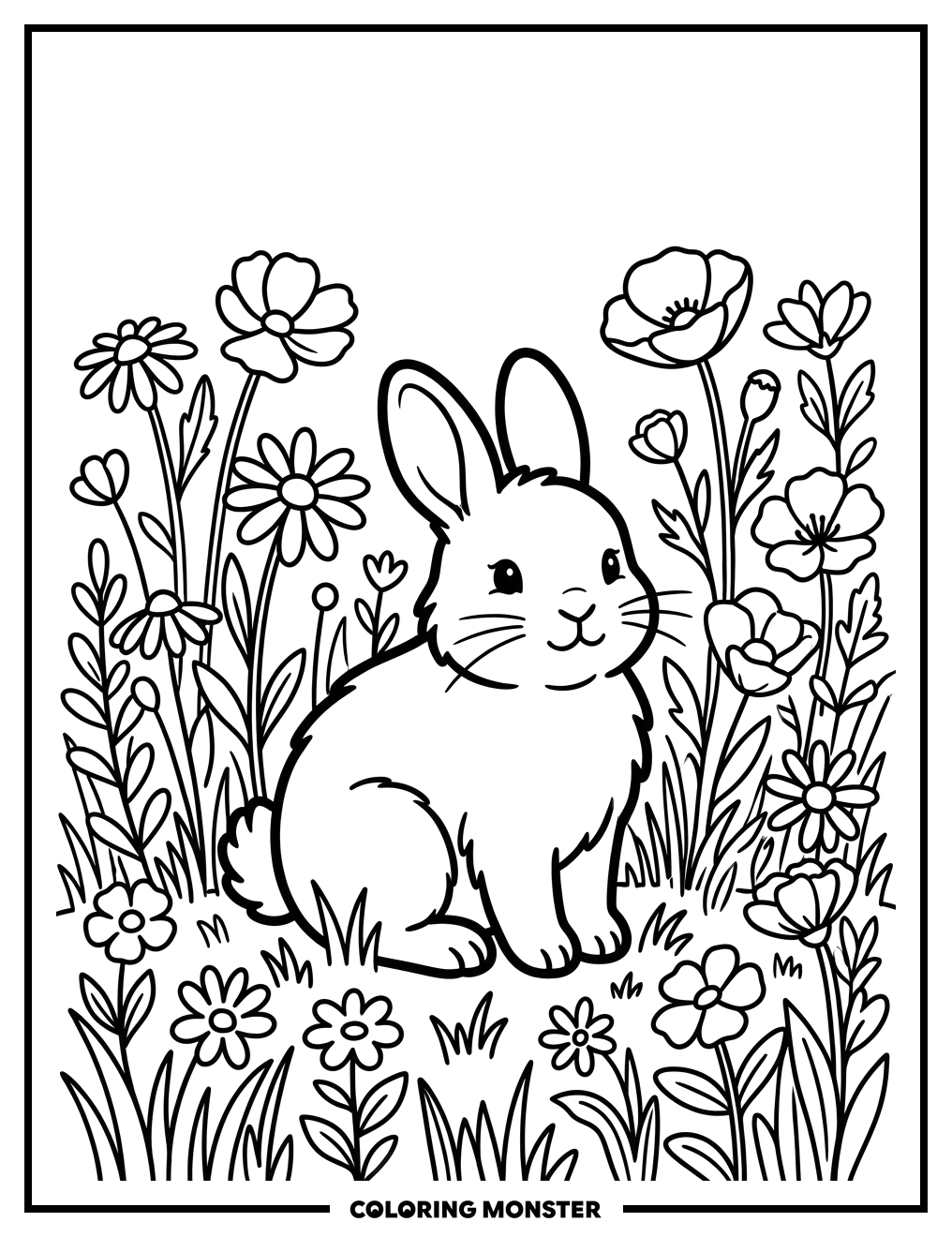 Fluffy Bunny in a Wildflower Meadow Coloring Page