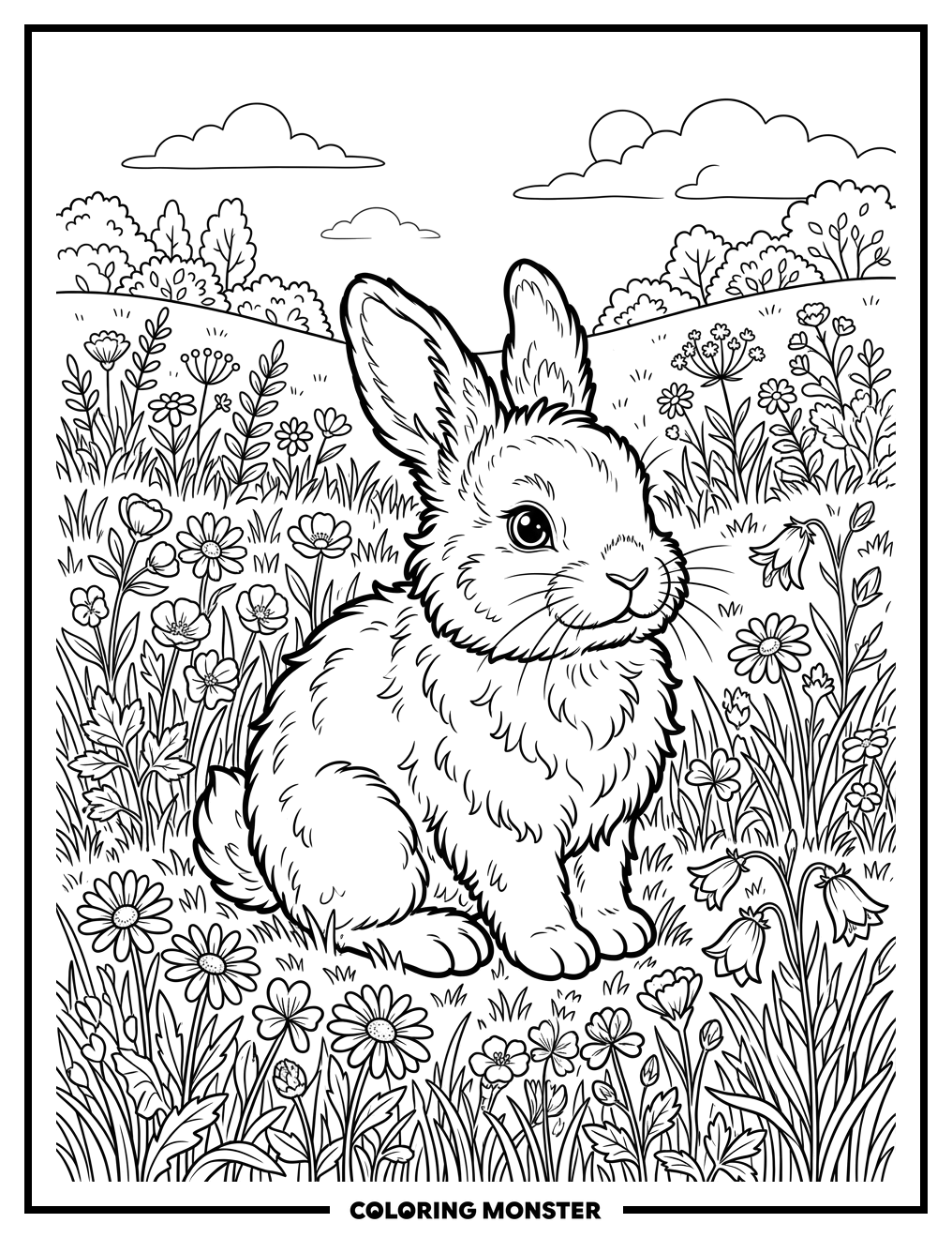 Fluffy Bunny in Wildflower Field Coloring Page