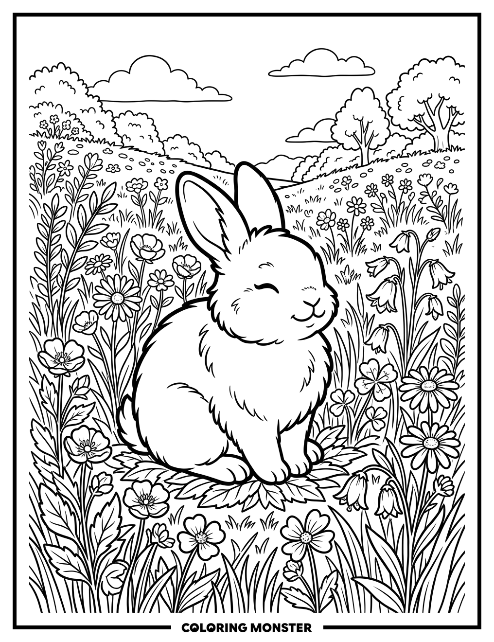 Fluffy Bunny in Wildflower Meadow Coloring Page