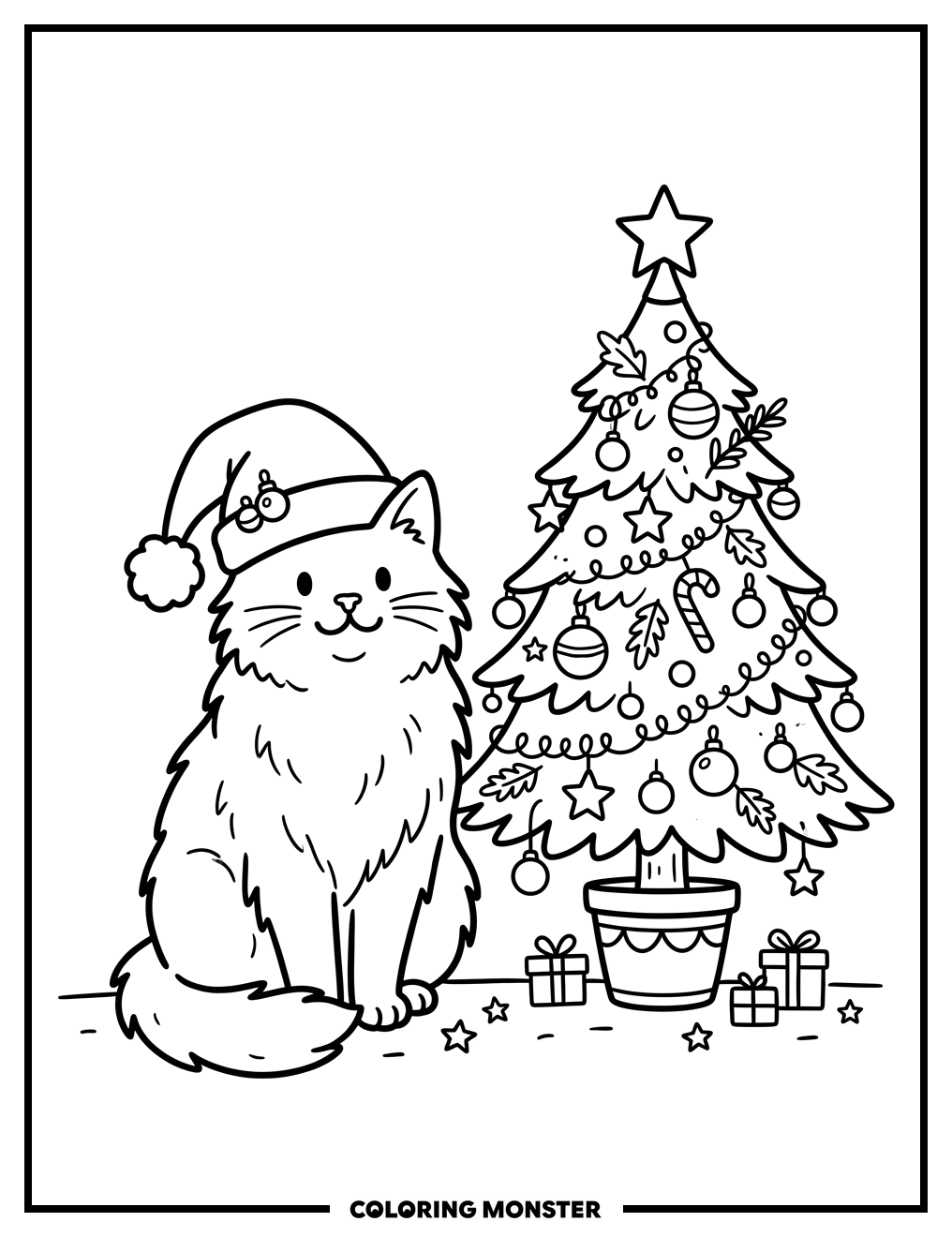 Fluffy Cat and Christmas Tree Coloring Page