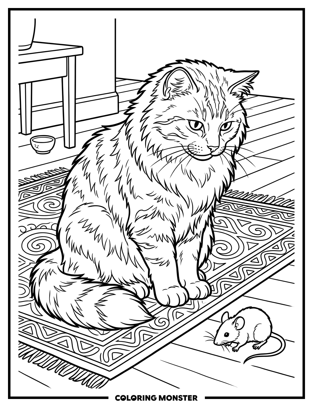 Fluffy Cat and Tiny Mouse Coloring Page