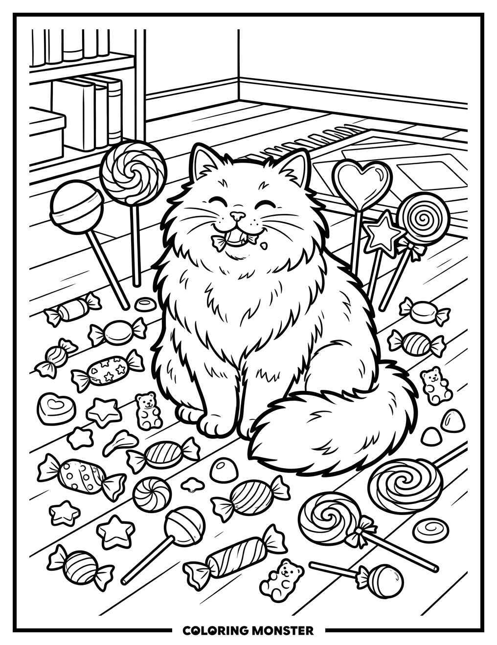 Fluffy Cat Eats Candy Coloring Page