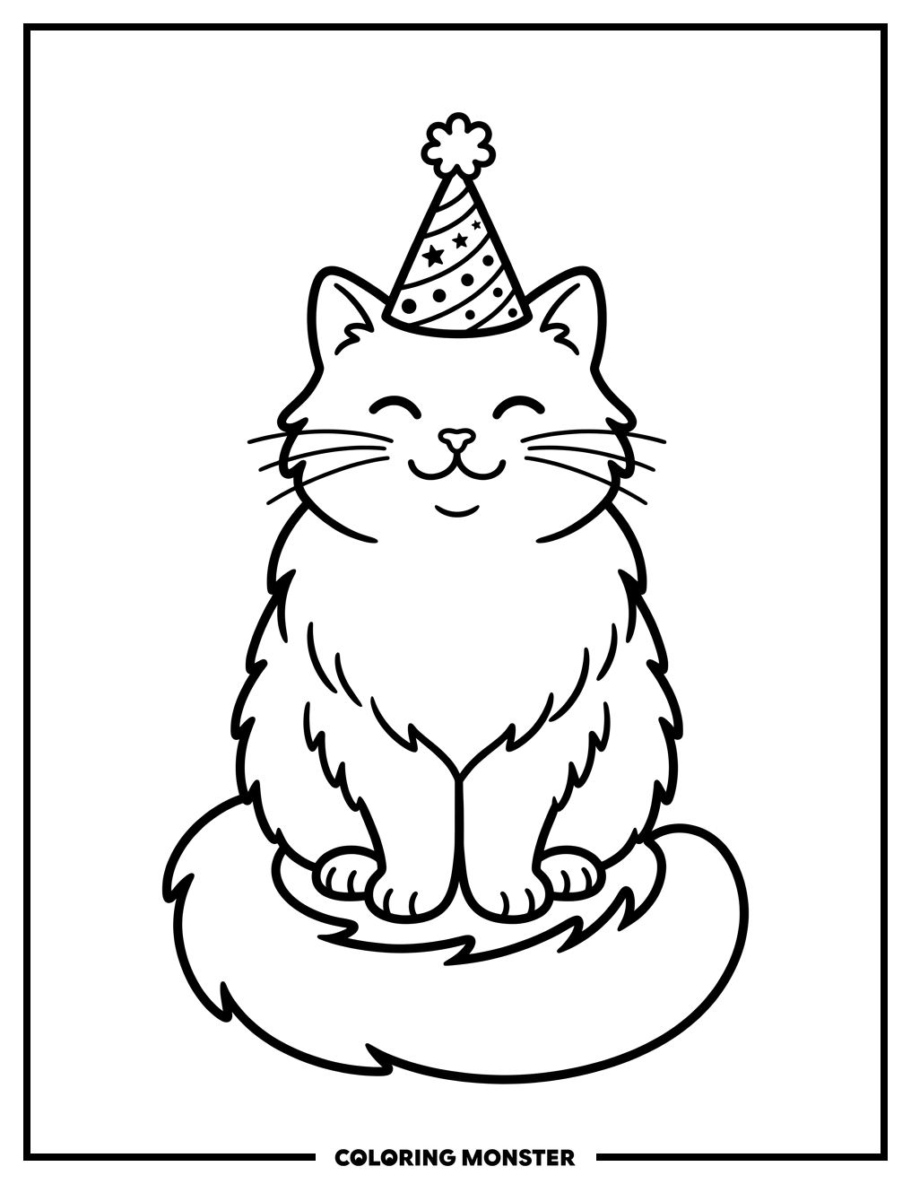 Fluffy Cat in Party Hat Coloring Page