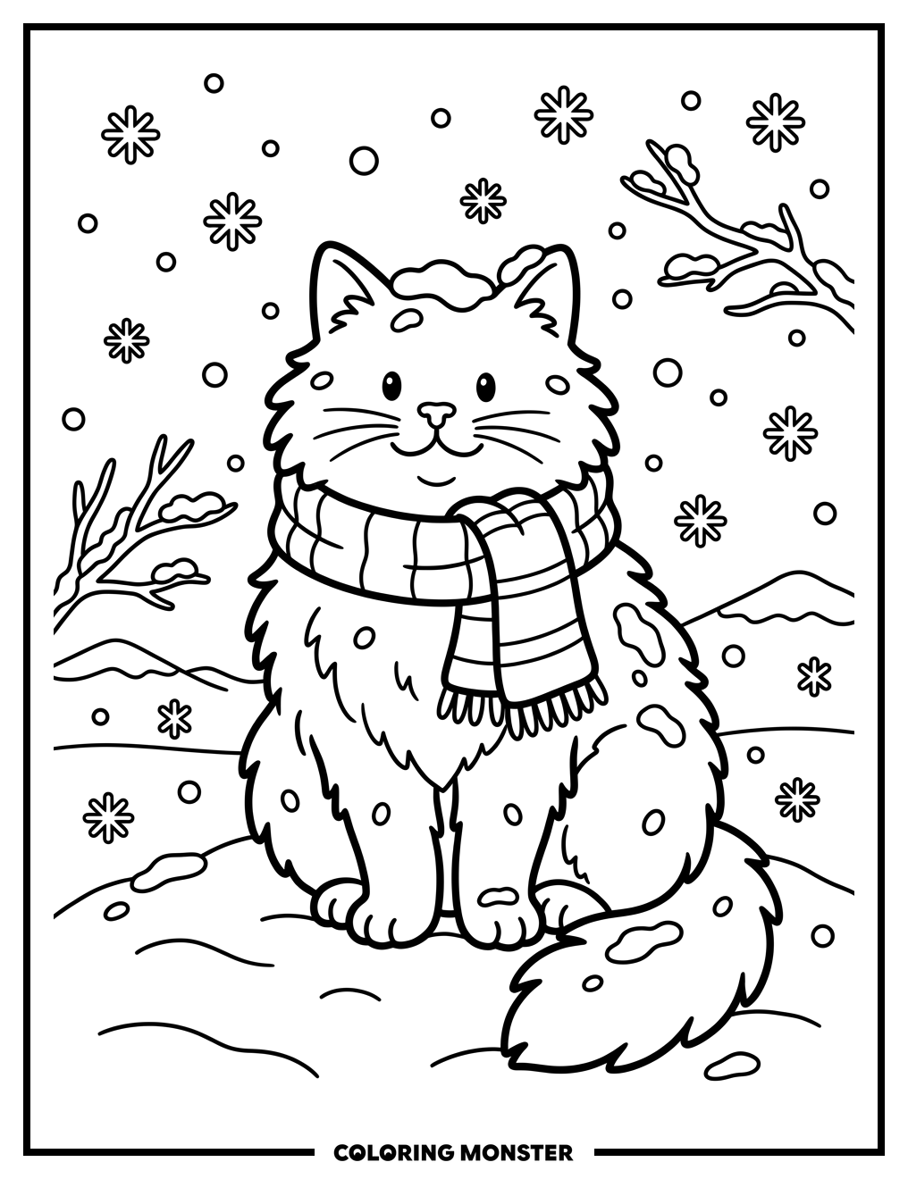 Fluffy Cat in Snow Coloring Page