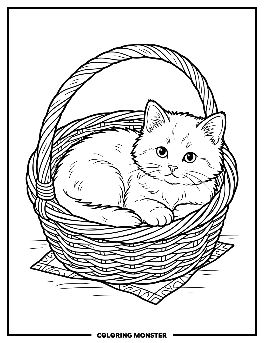 Fluffy Cat in Woven Basket Coloring Page